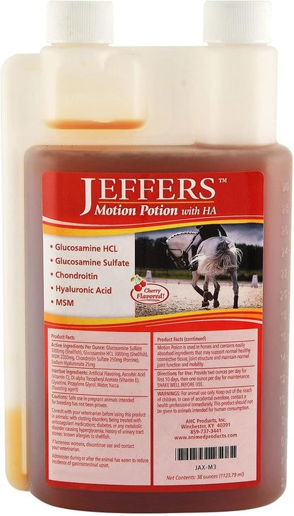 Jeffers Equine Motion Potion Liquid Horse Joint Supplement with HA, Cherry Flavor – Glucosamine, MSM, Chondroitin, Hyaluronic Acid – Mobility Support for Horses – 38 oz Bottle – Up to 38 Servings