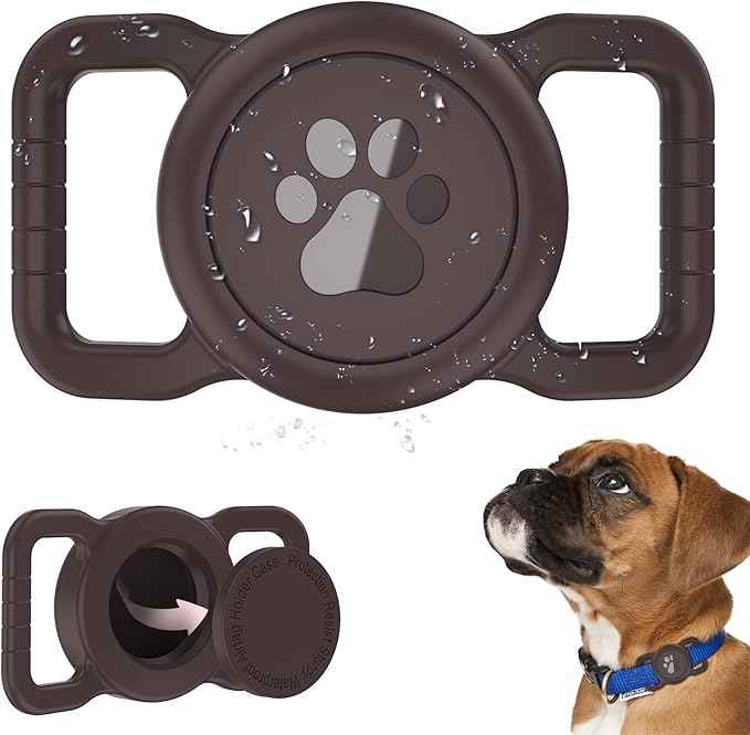 SANKALA Airtag Dog Collar Holder, [1 Pack] Waterproof Dog Airtag Holder, Silicone Full Body Covered Anti-Lost Protective Apple Air Tag Holder for Pet Collar - Fits All Width Collars, Coffee