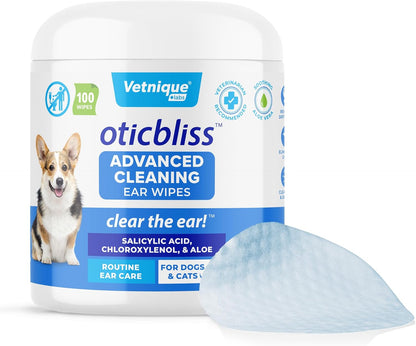 VETNIQUE Oticbliss Advanced Cleaning Ear Wipes for Dogs & Cats for Odor Control, Dirt and Wax Removal with Soothing Aloe Vera, Drying Agent and Vitamin E, Clear the Ear 100ct Wipes