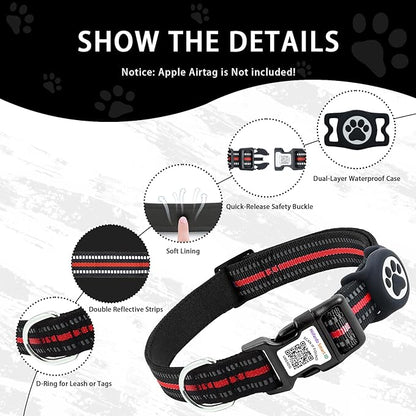 Airtag Dog Collar with QR Code Tag - Reflective Adjustable Nylon Collar, Quick Release Buckle for Small Medium Large Dogs, Comfortable Padded Lining (Red, S)