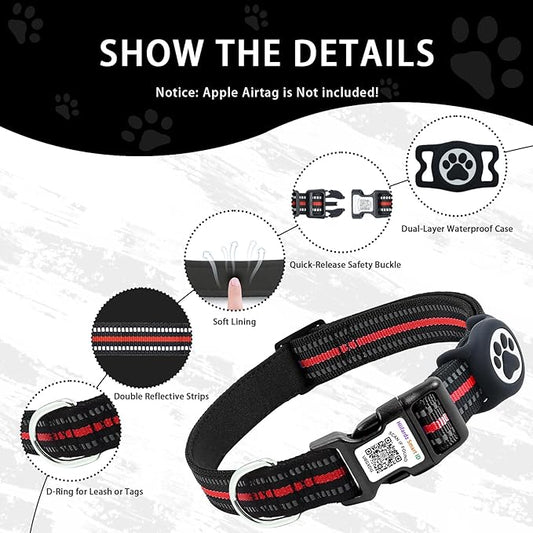 Airtag Dog Collar with QR Code Tag - Reflective Adjustable Nylon Collar, Quick Release Buckle for Small Medium Large Dogs, Comfortable Padded Lining (Red, S)