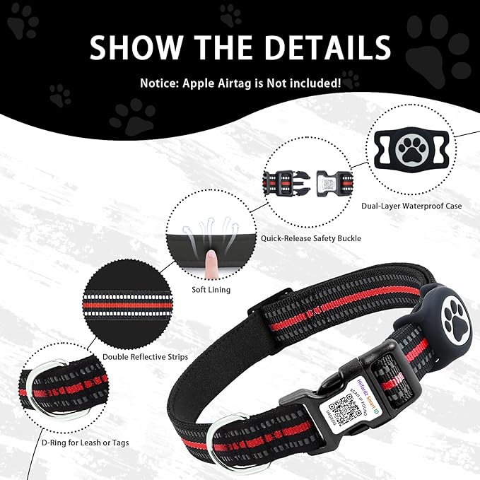 Airtag Dog Collar with QR Code Tag - Reflective Adjustable Nylon Collar, Quick Release Buckle for Small Medium Large Dogs, Comfortable Padded Lining (Red, M)
