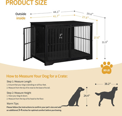 XL Large Dog Crate Furniture, 44.1" Indoor Dog Kennel Furniture with Barn Door, Wooden Tall Dog Crate, Heavy Duty Dog Cage for Large Dogs, Side End Table, Anti-Chew, Black DFC80104B