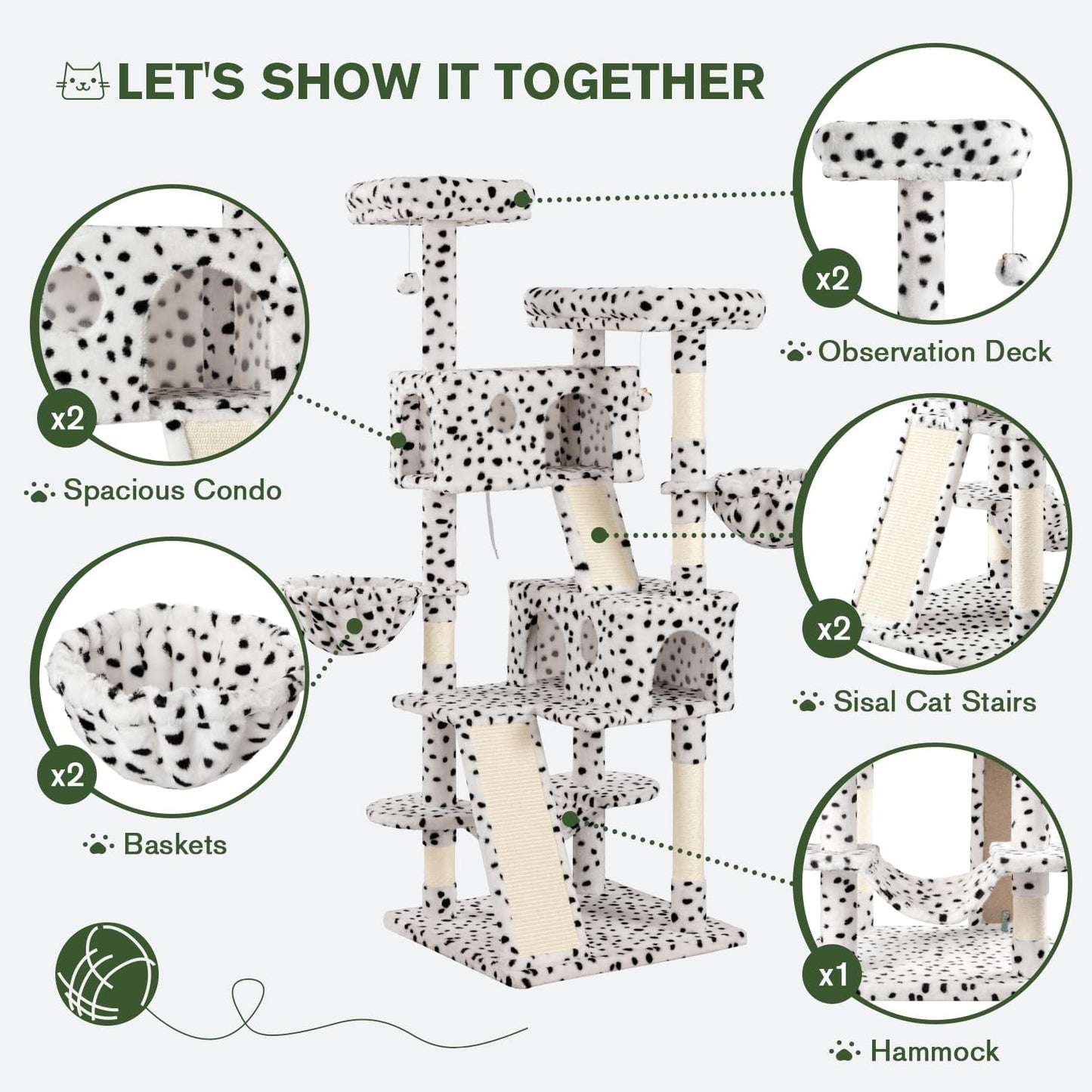 MUTICOR 66 Inches Multi-Level Large Cat Tree Tower for Indoor Big Feline/Cozy Plush Perches/Condo/Sisal Scratching Posts/Hammock and Baskets/Activity Center Play House/Wide Base/White & Black Spot