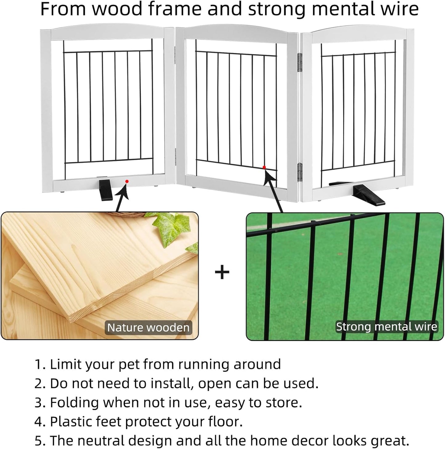 ZJSF Freestanding Dog Fence Indoor, Foldable Dog Gate for Doorways, Stairs or Hallways, Sturdy Wood Extra Wide Pet Gate with Support Feet for The House, White, 24 "Height-3 Panels