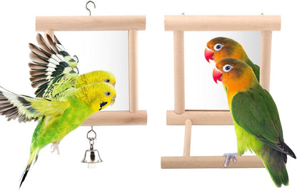 Wontee Bird Mirror Bird Toys for Budgies Parakeets Cockatiels Lovebirds Conures (Wood color-2pcs)