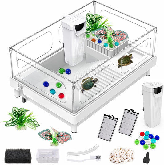 Small Turtle Tank with Filter, Acrylic Turtle Tank Starter Kit, Reptile Habitat and Terrarium with Multi-Functional Areas for Tortoise,Crab,Crayfish,Small Reptile. (Tank+Filter) - Pawvie