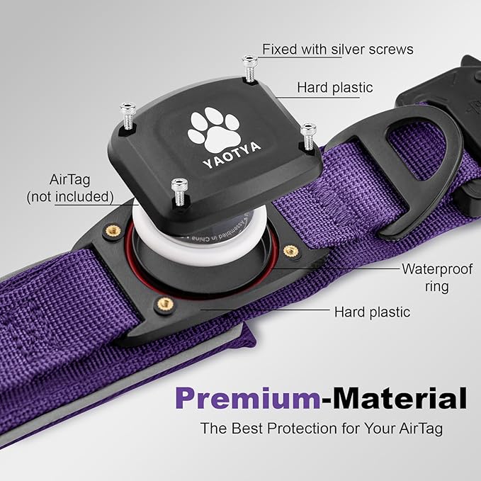 2026 Upgrade Dog Collar with IPX8 Waterproof AirTag Holder,Military Tactical Comfortable Control Handle and Ultra-Durable Metal Buckle/Night Reflective,GPS Collar for Medium to Large Dogs（Purple/L）