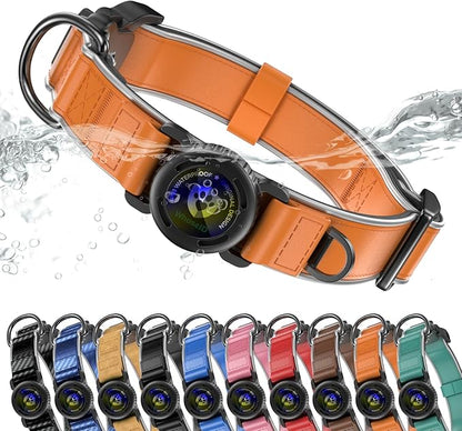 WhoseID Premium Leather Dog Collar - Waterproof AirTag Dog Collar | Magnetic Buckle Heavy Duty Collar | Medium Reflective Dog Collar with AirTag Holder