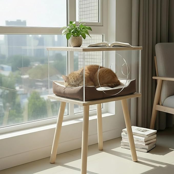 Cat Bedside Table with Acrylic Guardrail | Modern Cat & Dog Bed | Multifunctional Pet Bedside Cabinet | Cat Beds for Indoor Cats