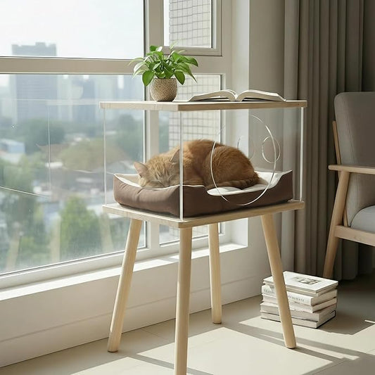 Cat Bedside Table with Acrylic Guardrail | Modern Cat & Dog Bed | Multifunctional Pet Bedside Cabinet | Cat Beds for Indoor Cats