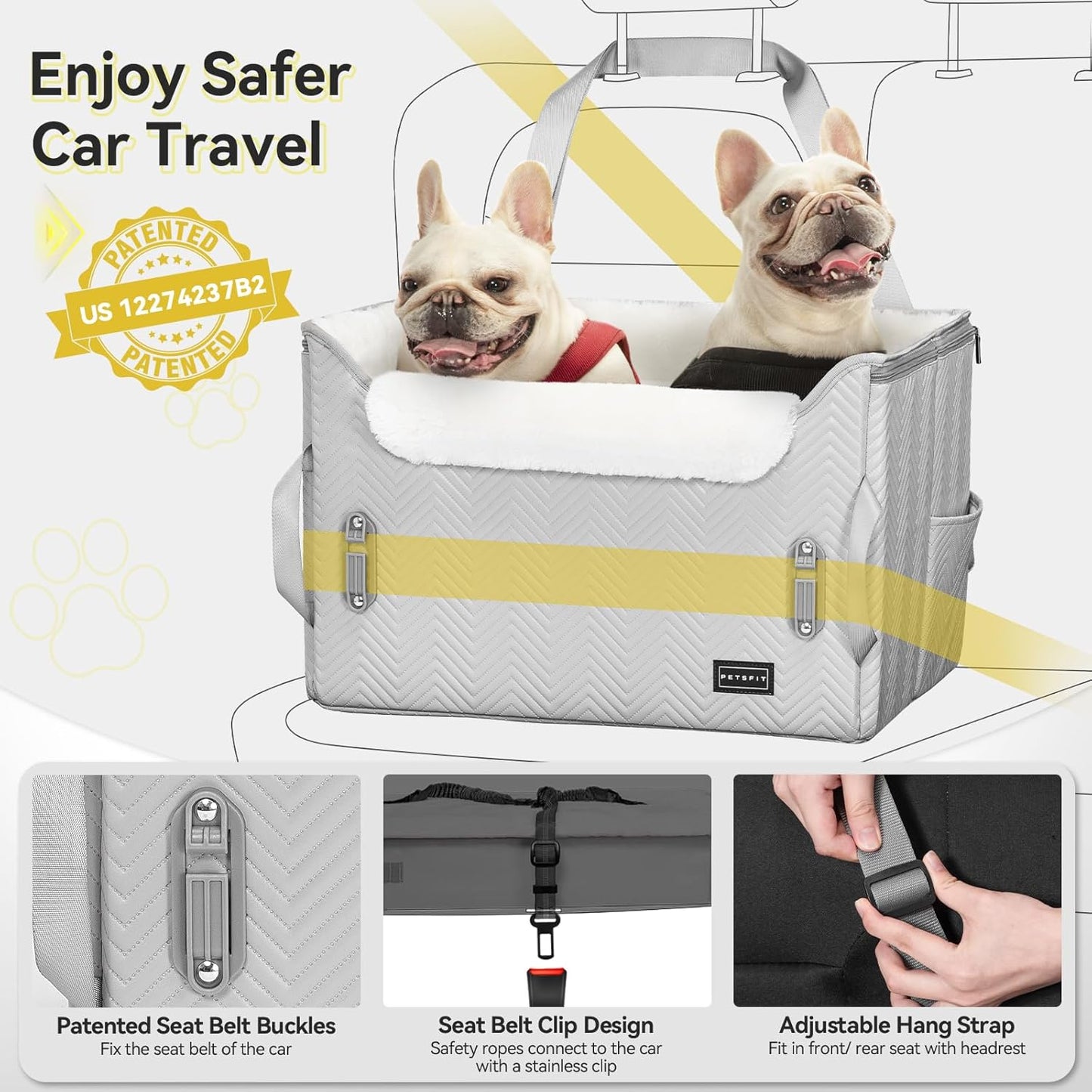PETSFIT Dog Booster Car Seat, Waterproof PU Leather Car Seat for Dogs with Patented Safe Buckles, 2 Clip-On Safety Leashes, Suitable for 2 Small Dogs or a Medium Dog (Medium, Grey) - Pawvie