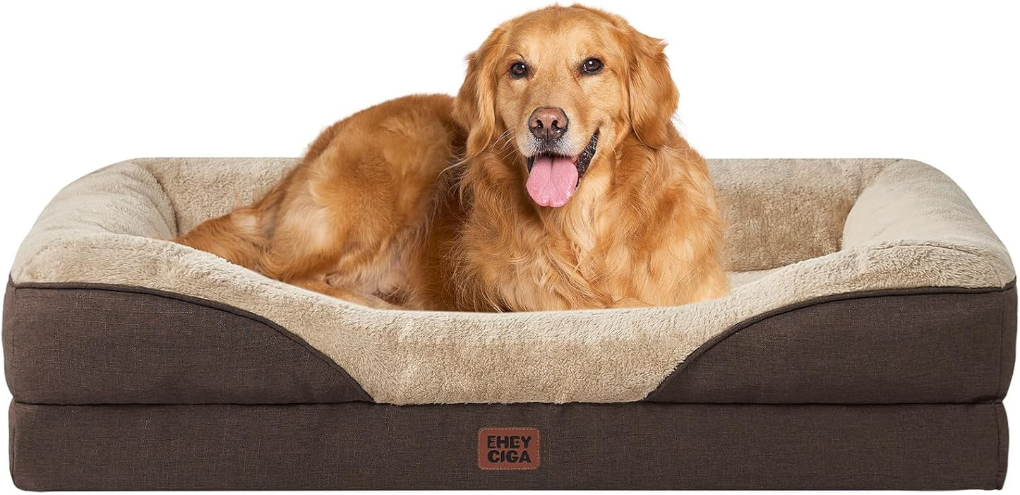 EHEYCIGA Memory Foam XL Dog Bed for XLarge Sized, Extra Large Orthopedic Dog Sofa with Sides and Waterproof Liner, Washable Bolster Pet Couch with Removable Cover, 48x35x7.5 Inch, Brown
