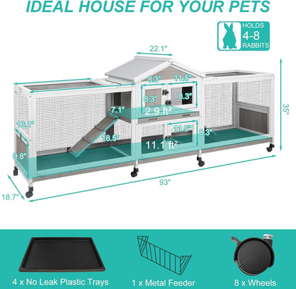 2-Tier Rabbit Hutch with Wheels, Indoor & Outdoor Small Animal Cage with Deep Pull-Out Tray, Anti-Chew Frame, Habitat for Bunny, Guinea Pig, Chinchilla (93" L x 19" W x 35" H)