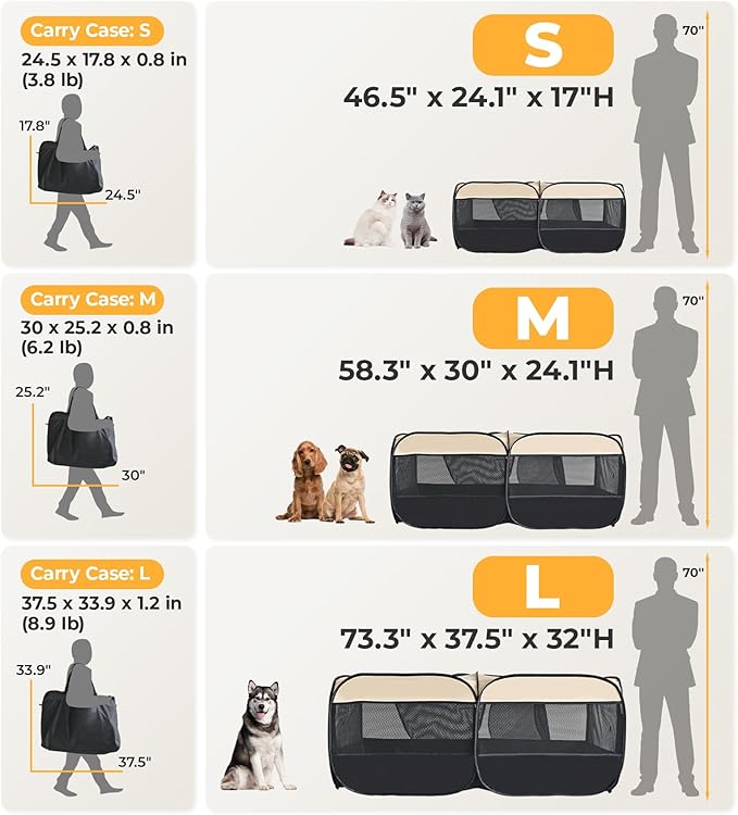 2-in-1 Dog Playpen 73.5''Pop Up Cat Pet Playpen, Assembly-Free Indoor Outdoor Kitten Enclosure, Kitten Pen Cat Cage Portable Puppy Tent Crates Kennel for Small Animals(No Divider, Unified Space)