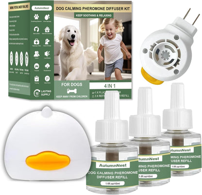 4-In-1 Dog Calming Diffuser Kit with 3 Refills (48ml Each), Plug-in Pheromone Dispenser for Dogs, 90-Day Supply, Covers 700 sq ft, Safe & Odorless Stress Relief Solution, Promotes Relaxed Behavior