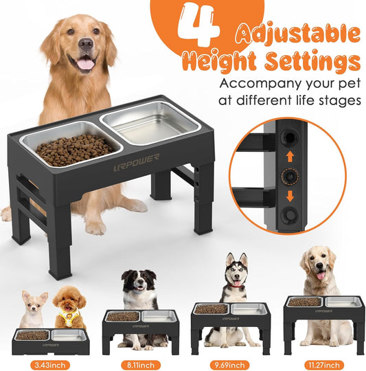 URPOWER Elevated Dog Bowls 4 Height Adjustable Raised Stand with 2 Large Stainless Steel Dog Food and Water Bowl for Small, Medium, Large Dogs and Pets