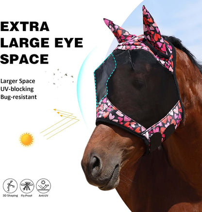 Harrison Howard Pro LumiVista Horse Half Face Fly Mask Large Eye Space with Ears UV Protection for Horse Cute Hearts L