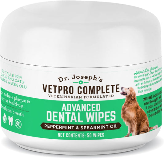 VetPro Complete Dr. Joseph's Advanced Dog Dental Wipes, 50 Count, Easy Teeth Cleaner for Dogs and Cats with Peppermint and Spearmint, Freshens Breath, Reduces Tartar