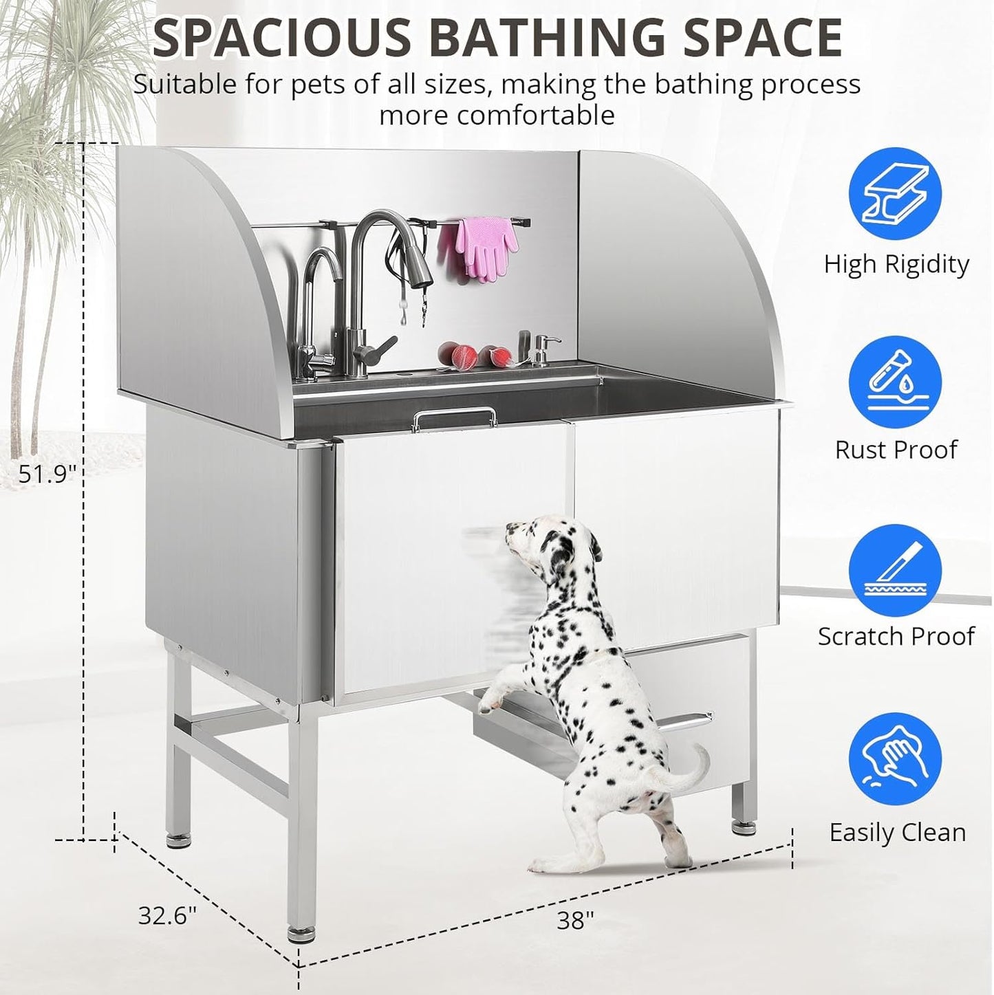Professional Dog Grooming Tub, 38" Stainless Steel Dog Wash Station with Ramp, Storage Drawer, Floor Grate & Faucet/Dog Bathtub for Large, Medium & Small Pets, Right Door