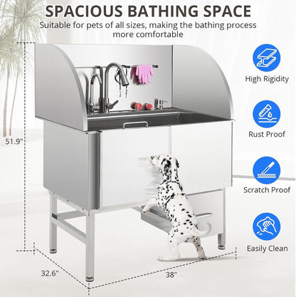 Professional Dog Grooming Tub, 38" Stainless Steel Dog Wash Station with Ramp, Storage Drawer, Floor Grate & Faucet/Dog Bathtub for Large, Medium & Small Pets, Left Door
