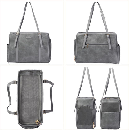 Fashion Dog Purse Pet Carrier Leather Bag for Small Dogs Cats Puppy, Portable Tote Bag Airline Approved Soft-Sided Carriers (Grey)