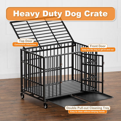 42 Inch Heavy Duty Dog Crate with Wheels,Indestructible Escape-Proof Dog Kennel with Locking Latch and Double Door,Extra Large XL XXL Crate Indoor for Large and Medium Dog with Removable Tray