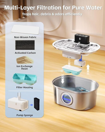 Cat Water Fountain Cordless, Stainless Steel Pet Water Fountain Wireless – 3.2L/108oz Battery Operated Automatic Water Dispenser for Cats Indoor, with Motion Sensor & Quiet Pump (4 Filter & Sponge)