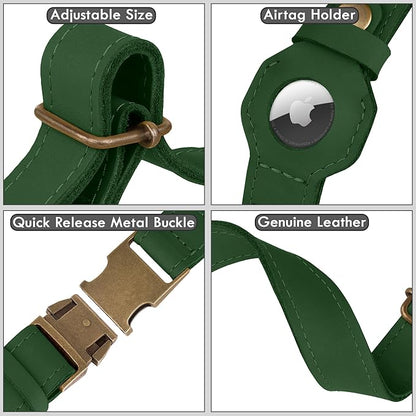 AirTag Dog Collar - Genuine Leather Dog Collar with Apple AirTag Holder and Metal Buckle - Smart GPS Tracking Pet Collars (Dark Green, M, 14"-18" Neck Fit)