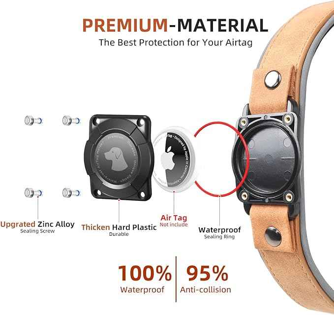 Leather AirTag Dog Collar, Waterproof Dog Collar with Air Tag Holder, Compatible with Apple Air Tag, Reflective, Durable, Comfortable Padded GPS Dogs Collars (Light Brown, L)