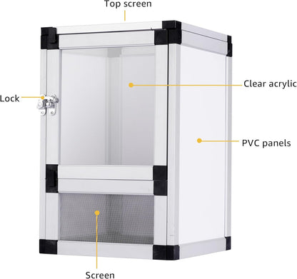 8" x 8" x 12" Bright White Reptile Cage, Rainforest Habitat with Acrylic Door, Ventilated Terrarium for Geckos, Frogs, Snakes, Easy Assembly