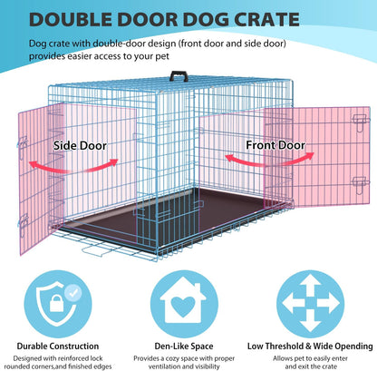 BestPet | Dog Crate | 36" | Blue | Foldable Metal Kennel with Double Doors, Secure Slide-Bolt Latches, Leakproof Tray | Portable Dog Cage for Medium Sized Breeds | for Travel, Indoor & Outdoor Use