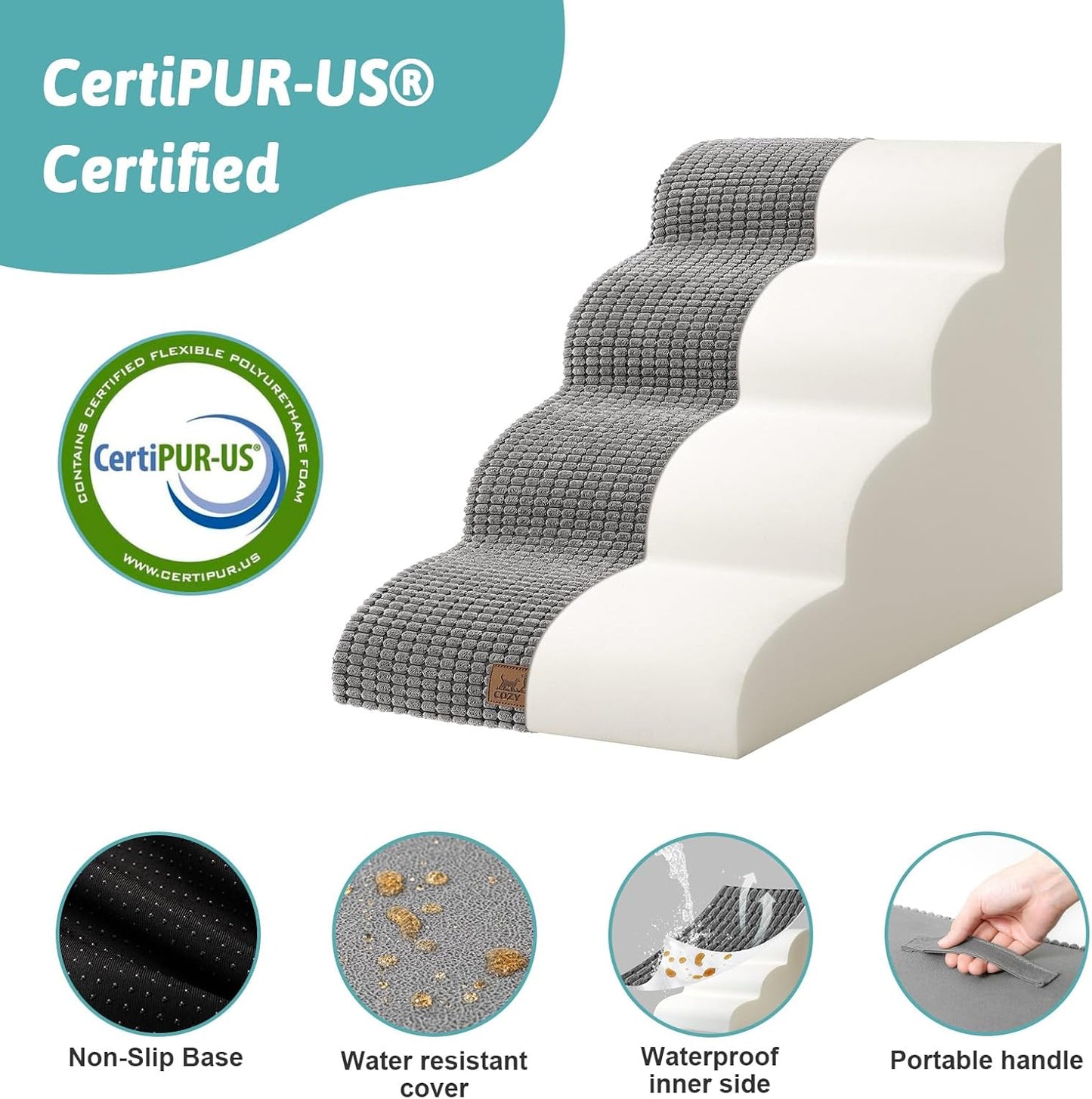 Dog Stairs for Small Dogs 19.7" H, Curved Dog Step for Puppy, Older or Cat, Medium Pet Ramp for Sofa, Couch or Bed, Ladder with High Density Foam, 15.7x28.3x19.7 inch, 4 Step, Light Grey - Pawvie