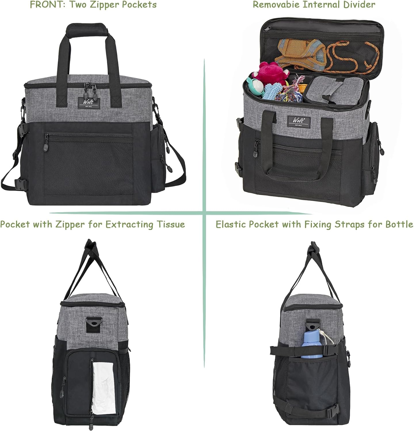 WOLT Dog Travel Bag Dog Bag for Traveling and Supplies with 2 Collapsible Bowls, 2 Food Containers, 1 Place Mat, Grey - Pawvie