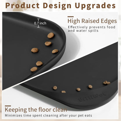 Silicone Pet Feeding Mat with Raised Edge & Residue Collection Pocket for Food and Water, Dog Bowl Mats, Cat Bowls Placemat with High Lip for Floor Waterproof, 19 x 12 x 0.7 Black