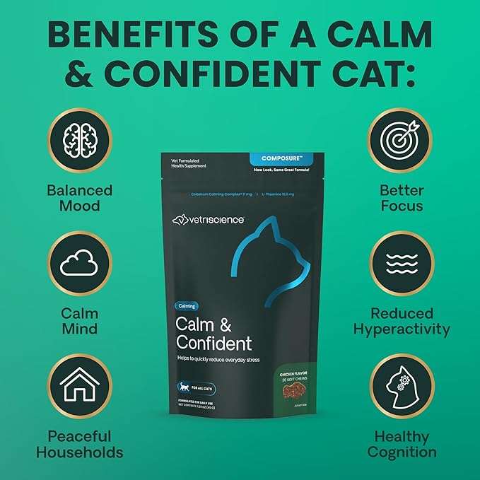 VetriScience Calm & Confident Chews, Composure Calming and Anxiety Supplement for Cats, Reduce Stress and Fear, Ideal for Travel, Vet, Grooming and Routine Changes, Chicken, 30 Count