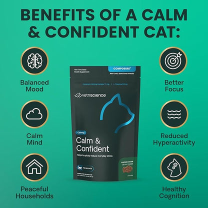 VetriScience Calm & Confident Chews, Composure Calming and Anxiety Supplement for Cats, Reduce Stress and Fear, Ideal for Travel, Vet, Grooming and Routine Changes, Chicken, 30 Count