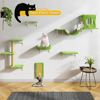 NUNU LAB Wall Mounted Cat Climber Set, 6 Pcs Cat Furniture Set with House, Bridge, Steps, Scratcher Board and Hammock, Shelves for Indoor, Luxury Walls Furniture(Green)