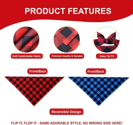 Plaid Dog Bandanas 2-Pack for Small Dogs, Red-Black & Blue-Black Buffalo Check Set - Adjustable Reversible Scarves for Boys & Girls