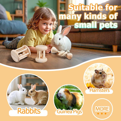 3 Pcs Natural Wooden Bunny Toys, Safe Rabbit Toys for Guinea Pig Chinchillas Hamsters Small Animals Playing Teeth Grinding Indoor Outdoor