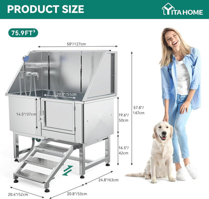 YITAHOME Professional Dog Bathtub 50in, Stainless Steel 304 Pet Grooming Station with Right Door & Floor Grate, Ideal for Large to Small Pets, Indoor & Outdoor Use