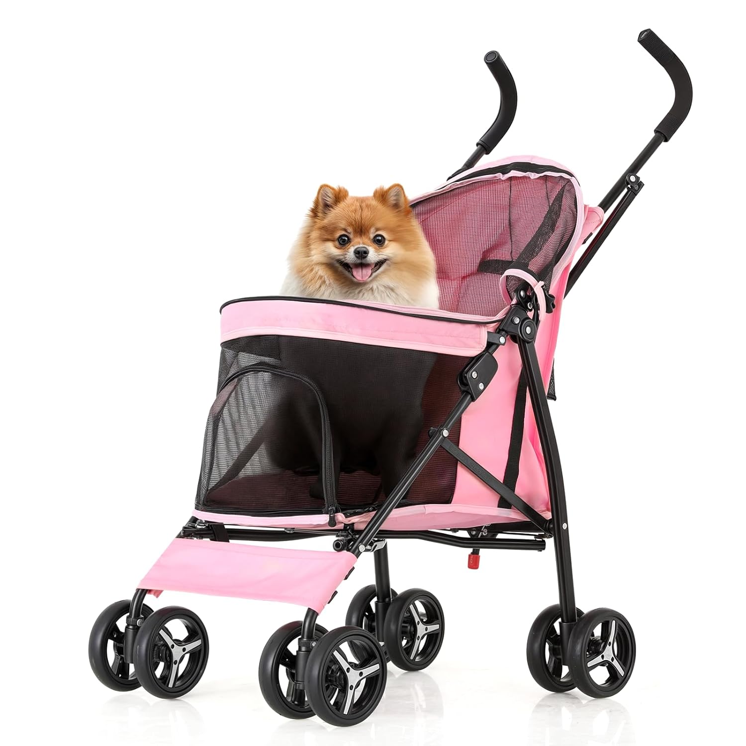 MoNiBloom 4 Wheels Pet Stroller, Easy-Fold Puppy Cage Jogger Stroller with Sun Cover, Pad and Rear Storage Bag, Breathable and Visible Mesh for Small/Medium Pets up to 22 lbs, Pink - Pawvie