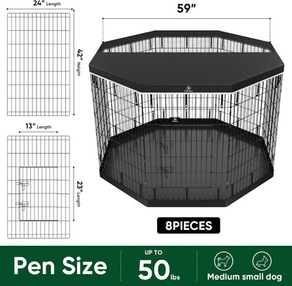 PJYuCien Dog Playpen, 8 Panels 42’’H Dog Pens Indoor with Bottom Pad and Top Cover, Metal Foldable Pet Puppy Exercise Fence Crate Kennel, Better for Medium and Big Animals,Black