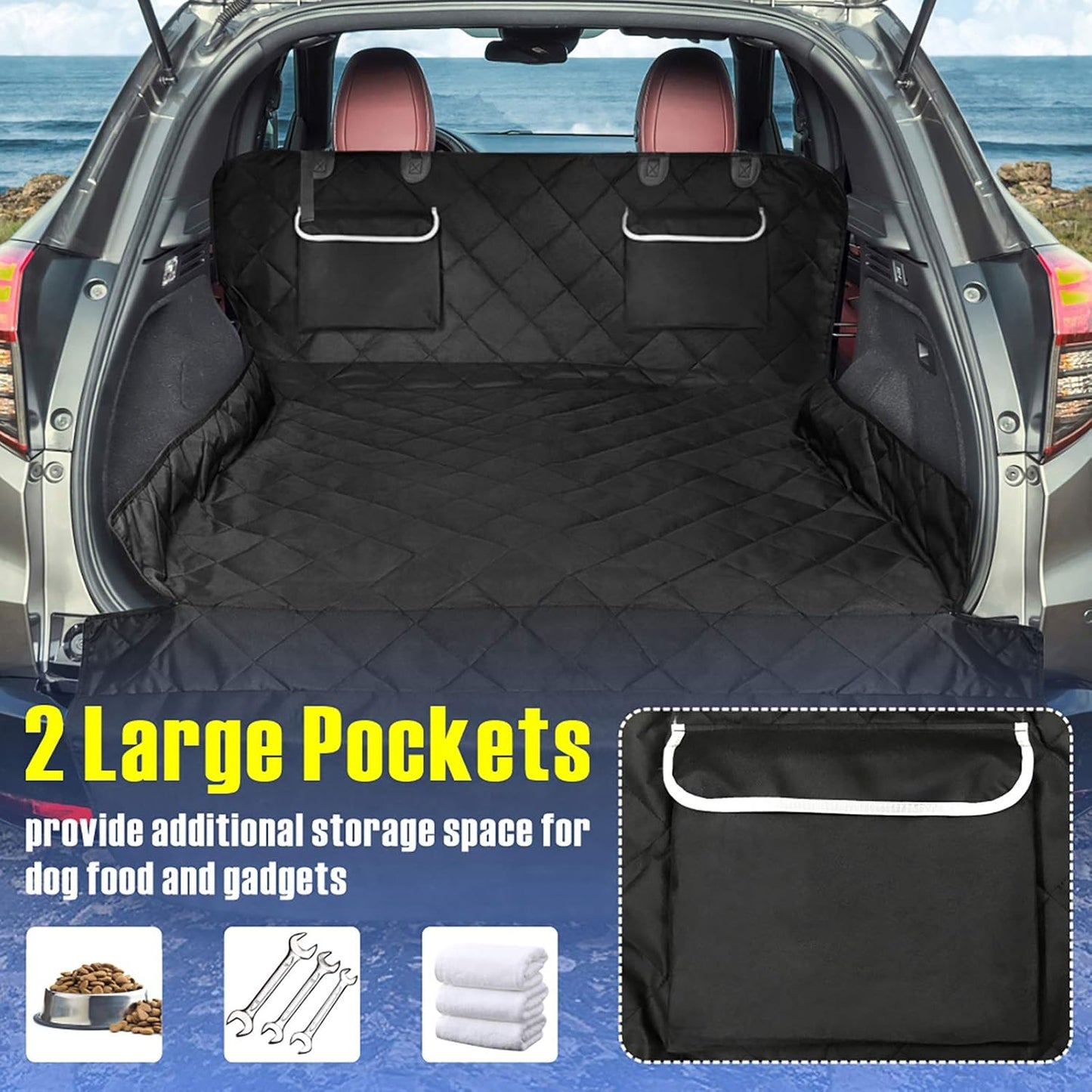 F-color SUV Cargo Liner for Dogs, Waterproof Pet Cargo Cover Dog Seat Cover Mat for SUVs Sedans Vans with 2 Large Pockets, Non-Slip, Large Size Universal Fit, Black - Pawvie