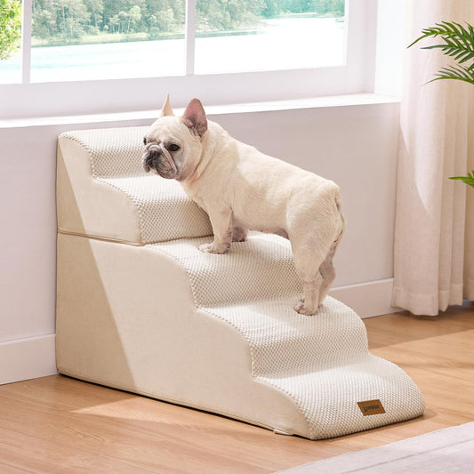 Dog Stairs for High Beds - Pet Stairs Ramp for Couch, 35D Foam Dog Steps for Small to Large Pets, with Non-Slip Bottom Beige, 5 Steps