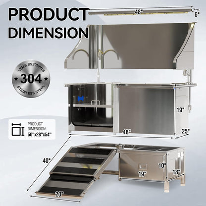 50'' Dog Washing Station - 304 Stainless Steel, LED Dog Bathing Station with Ramp, 2 Drawer, Floor Grate & Lick Pad for Large, Medium & Small Dogs