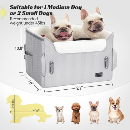 PETSFIT Dog Booster Car Seat, Waterproof PU Leather Car Seat for Dogs with Patented Safe Buckles, 2 Clip-On Safety Leashes, Suitable for 2 Small Dogs or a Medium Dog (Medium, Grey) - Pawvie