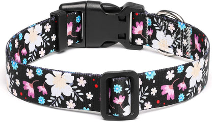 Mercano Adjustable Dog Collar - Special Design Patterns, Soft Nylon Comfortable Durable Pet Collar for Small Medium Large Dogs (L, Floral White)