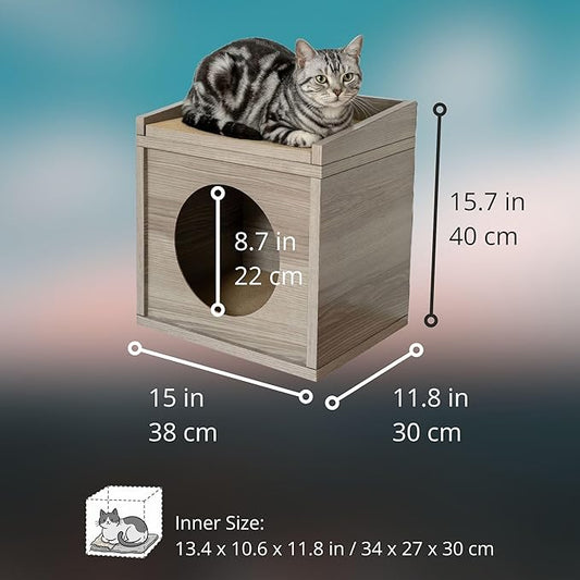 Meowdium Cat House – Cat Condo with Cardboard Scratcher, Scratching Post, Bed & Toy Storage, Cozy Cat Furniture & Accessories for Indoor Cats, Greywood