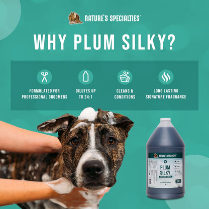 Nature's Specialties Plum Silky Ultra Concentrated Dog Shampoo Conditioner, Makes up to 24 Gallons, Natural Choice for Professional Pet Groomers, Silk Proteins, Made in USA, 1 gal